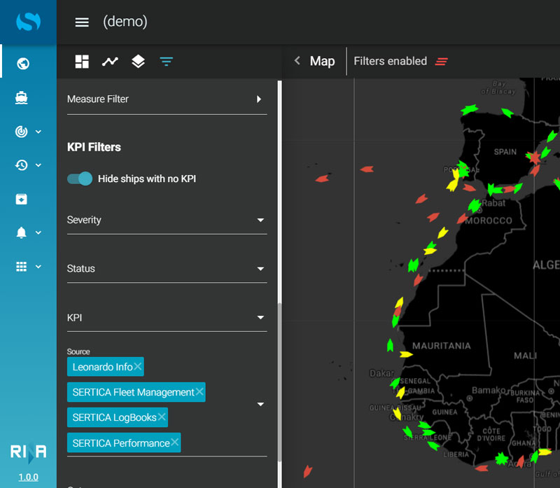 A screenshot of SERTICA Vessel KPI and Position map