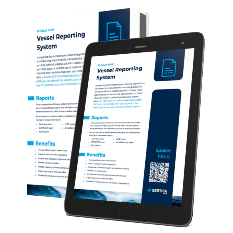 A mockup featuring a book and a tablet, both displaying the cover of 'SERTICA product brief: Vessel Reporting System.'