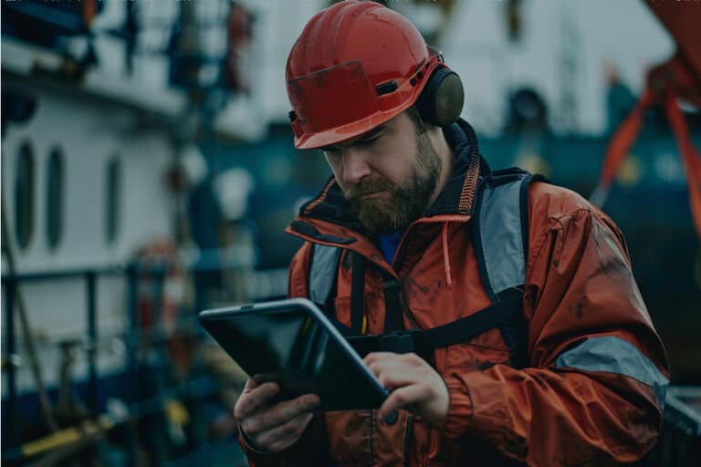 A maintenance worker performing preventive maintenance while using a tablet to track and manage tasks