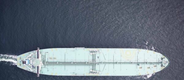 An aerial view of an EURONAV tanker navigating through the sea