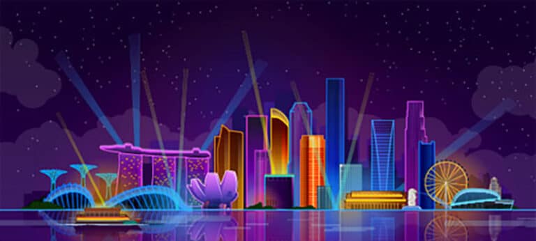 A digital colorful version of Singapore city skyline at night, featuring vibrant lights and stunning reflections in the water below