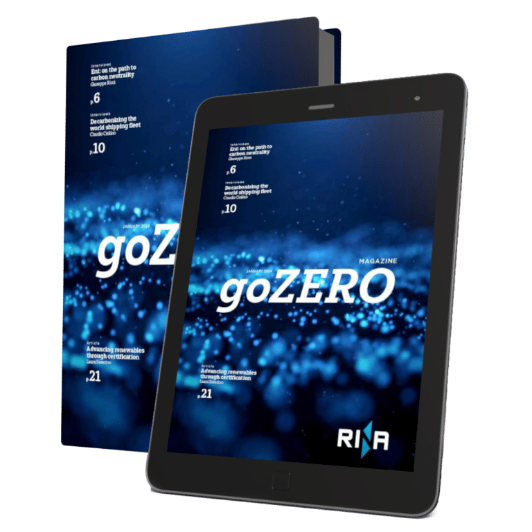 A mockup featuring a book and a tablet, both displaying the cover of 'RINA magazine: goZERO.'