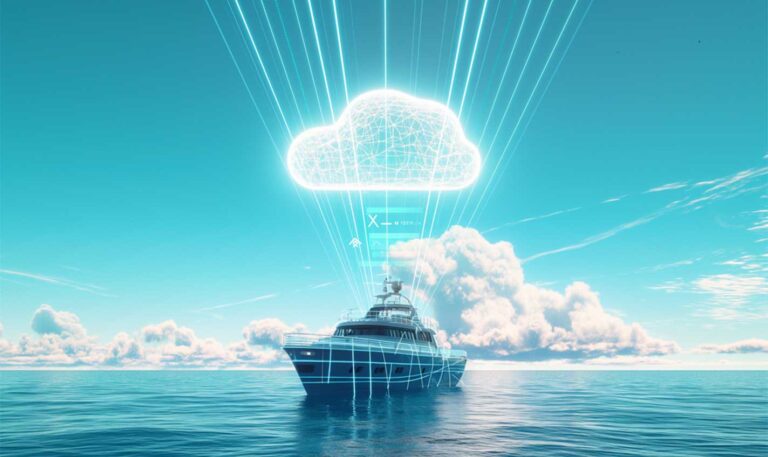 A maritime vessel at sea with a digital cloud above and digital lines going to the cloud