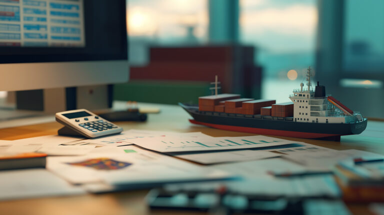 A close-up of a maritime procurement personnel's desk, featuring a small tanker vessel model, a calculator, and sheets of paper