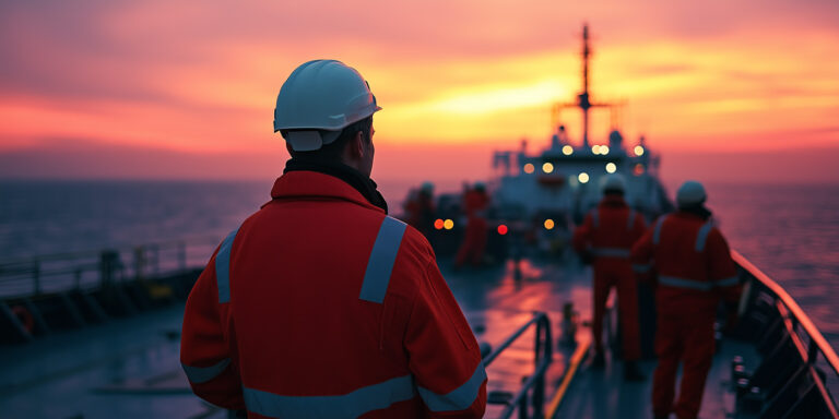 Over-the-shoulder view of a maritime worker observing the crew walking down the deck of a large ship
