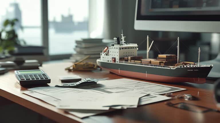 A model of a cargo vessel placed on top of a desktop, surrounded by papers, a calculator, and a watch