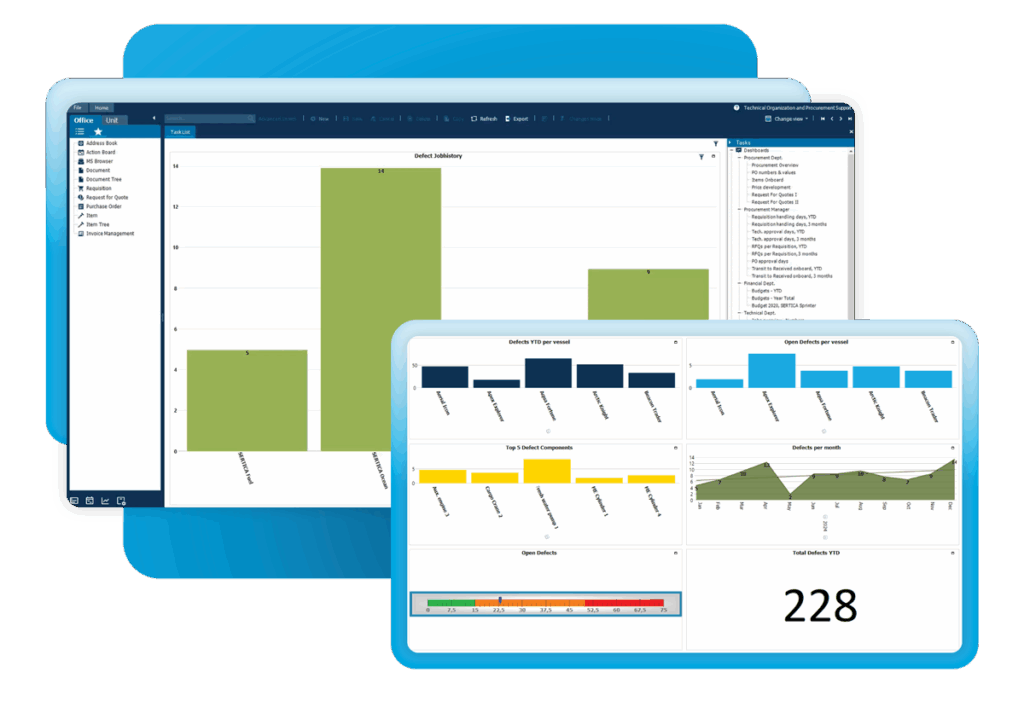 System screenshots of the features for reviewing defect reporting data in the maritime maintenance system SERTICA Maintenance