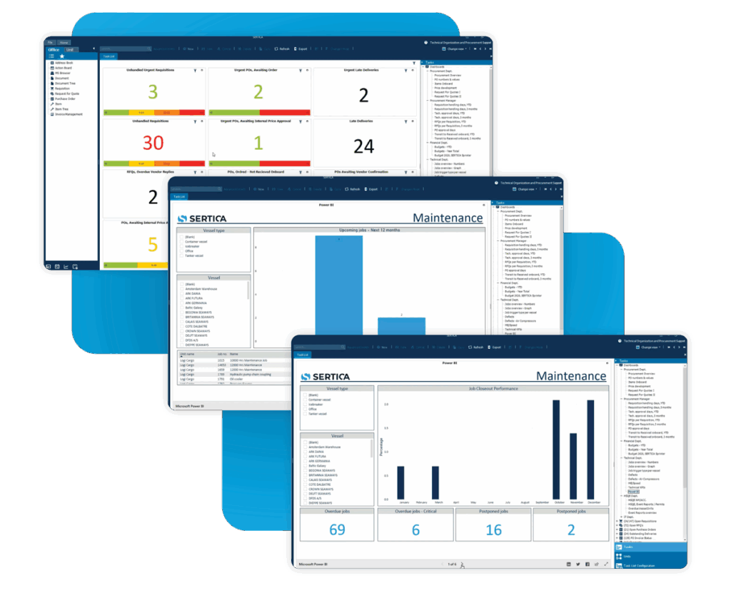 System screenshots of the features for fleet-wide supervision through data dashboards in the maritime maintenance system SERTICA Maintenance