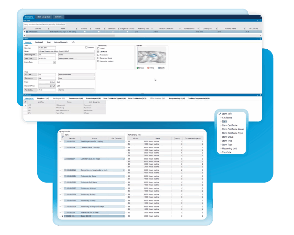System screenshots of the features for inventory handling and requisitions in the maritime maintenance system SERTICA Maintenance