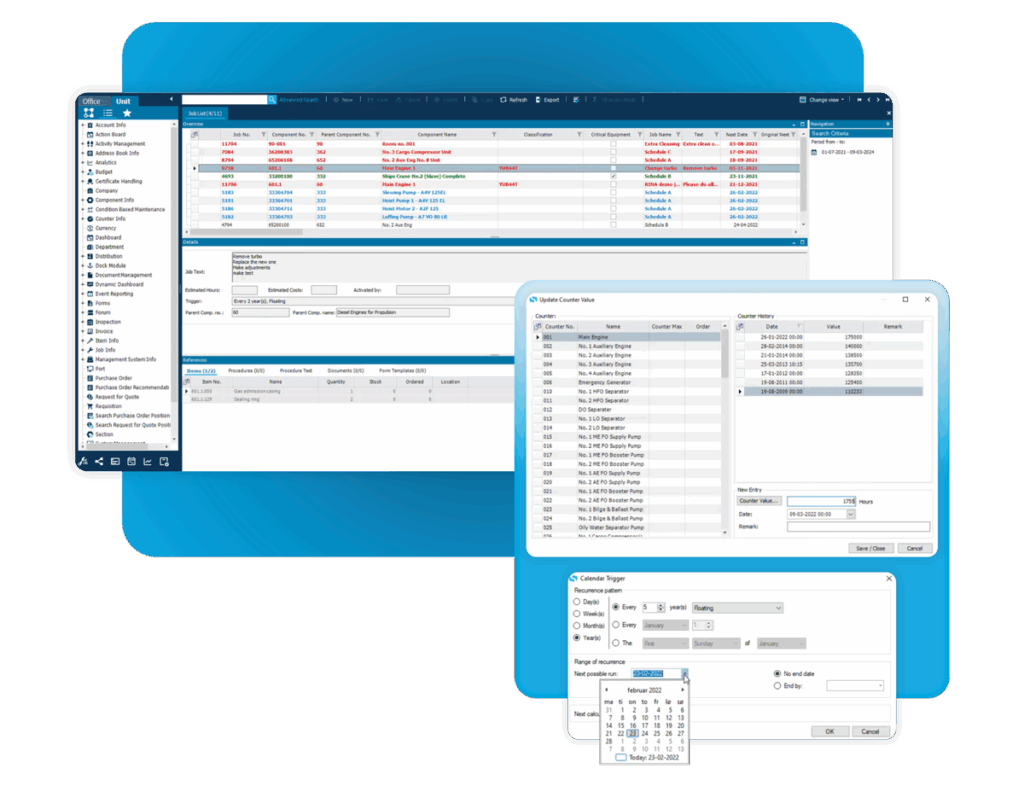 System screenshots of the features for planning and executing maintenance jobs in the maritime maintenance system SERTICA Maintenance
