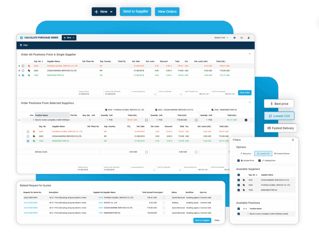SERTICA screen comparing RFQ responses by price, delivery, and CO₂ to select suppliers.