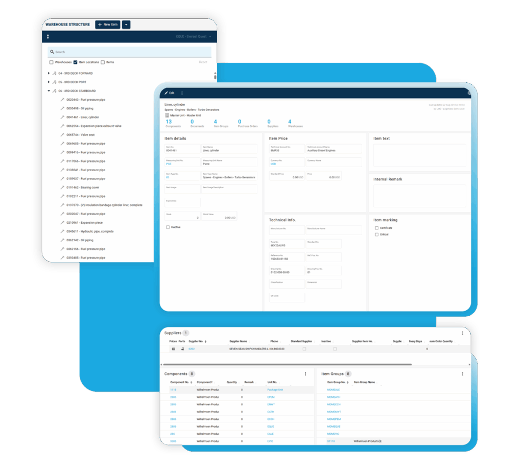 Item master and warehouse structure in SERTICA with pricing, suppliers, and stock data.