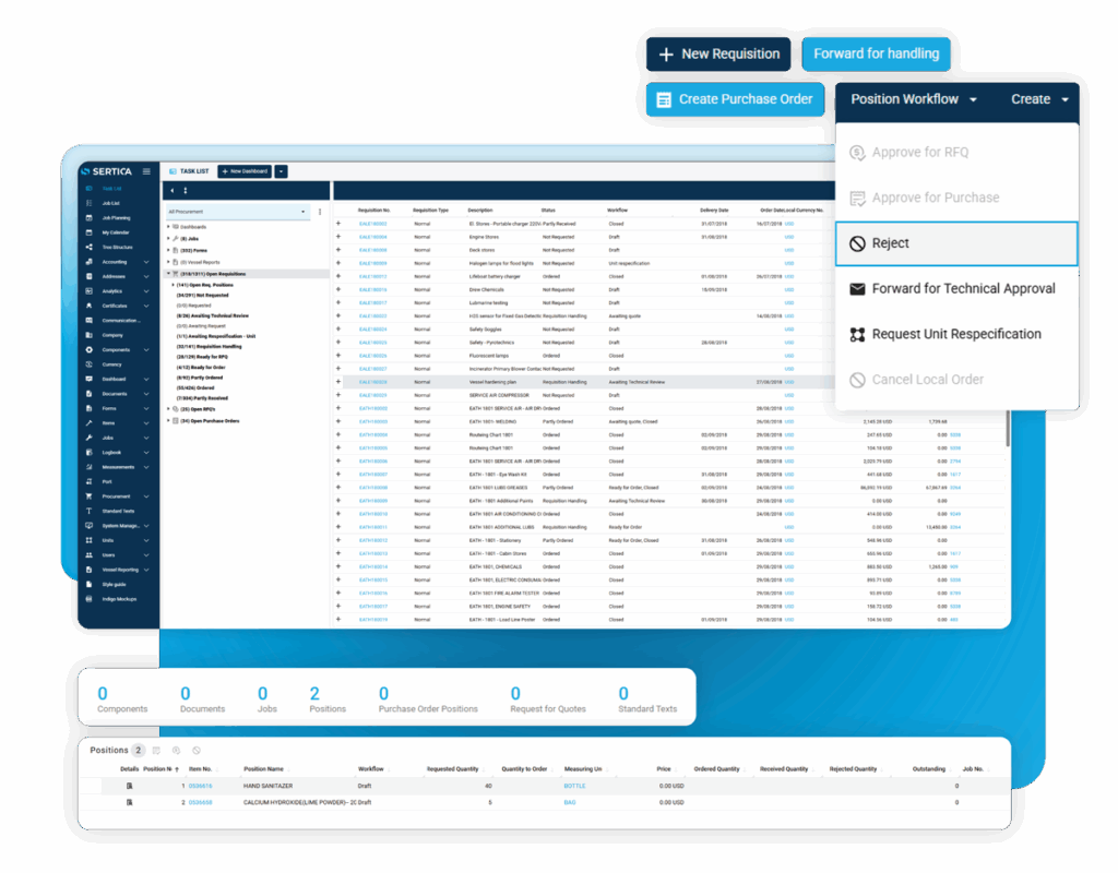 SERTICA Procurement requisition list with approval actions, routing, and purchase order creation.