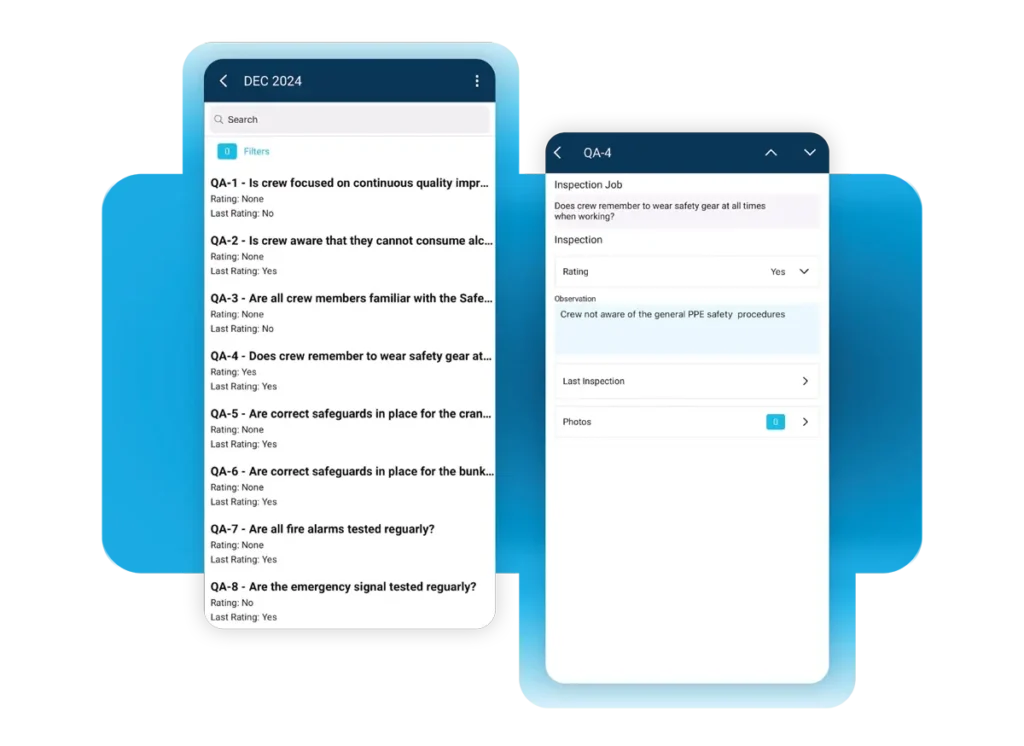 SERTICA inspection app with checklist questions and rating fields used during onboard audits.