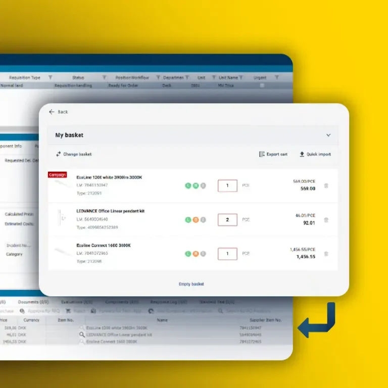 SERTICA PunchOut basket with items and quantities, ready to transfer into a requisition.