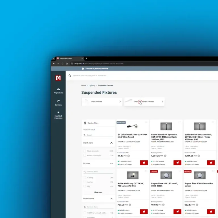 Supplier webshop in punchout mode with filters and product cards for easy selection.