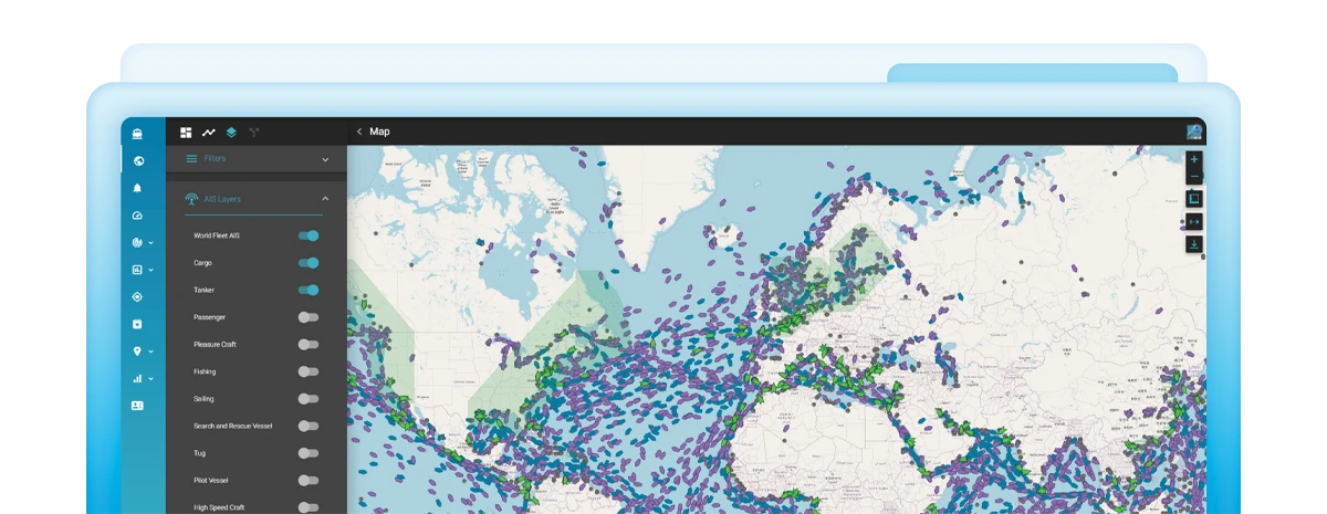 Ship monitoring map with AIS vessel layers and filter controls.